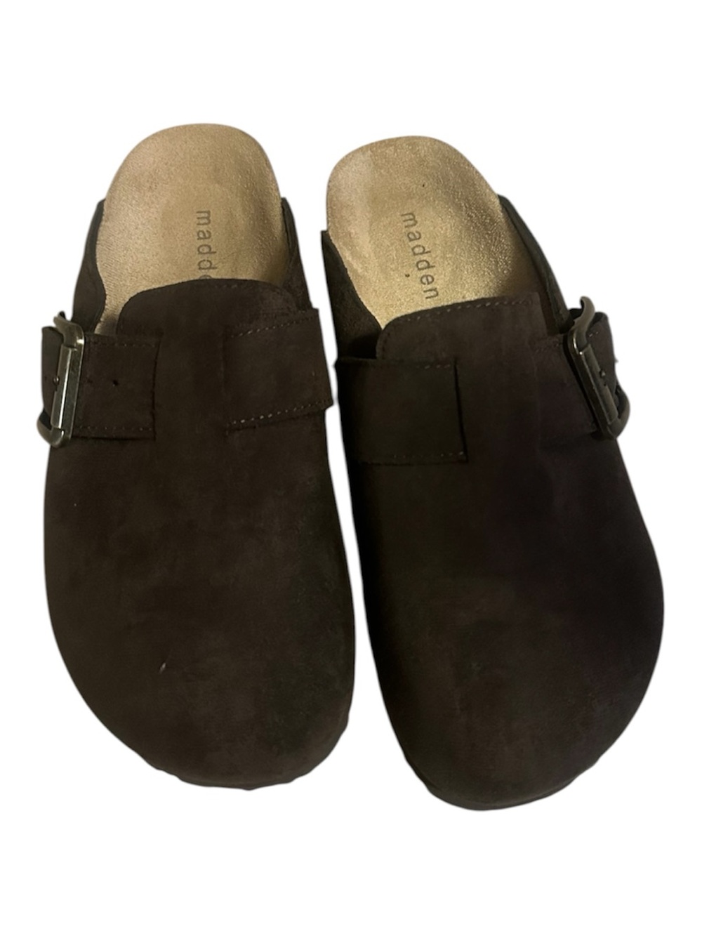 Madden Girl Dark Brown Suede Slip-On Clogs with Buckle